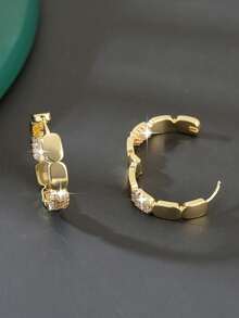 rundraw 1 Pair Luxury Copper Zirconia Geometric Round Hoop Earrings, Fashionable Party & Date Gift For Women - Gold - View 3