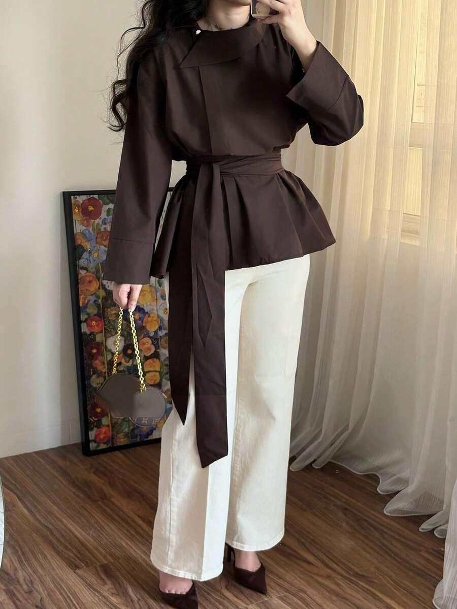 Women's Elegant British Style Asymmetric Lapel Design Long Sleeve Cinched Waist Waist Blouse, Solid Color Belt Front Button Closure, Vintage Versatile Commute Office Daily Date