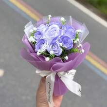 Frost Blue Rose Flower Bouquet – Gradient Blue With Baby's Breath, Misty Wrap & Ribbon Bow, Romantic Gift For Girlfriend's Birthday, Valentine's Day Or Graduation - Lilac Purple Nine Flowers - View 4