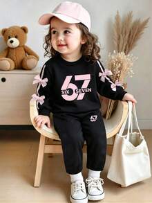 Baby Girl Number Pattern Ribbon Bow Decor Round Neck Long Sleeve Top And Pants - Black - View 2