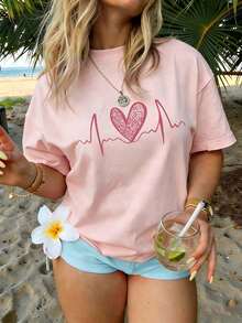 Plus Size Women's Leopard Print Heart EKG Heartbeat Line Graphic Crew Neck Short Sleeve T-Shirt Loose Fit Basic Top Pink Casual Summer - Pink - View 1