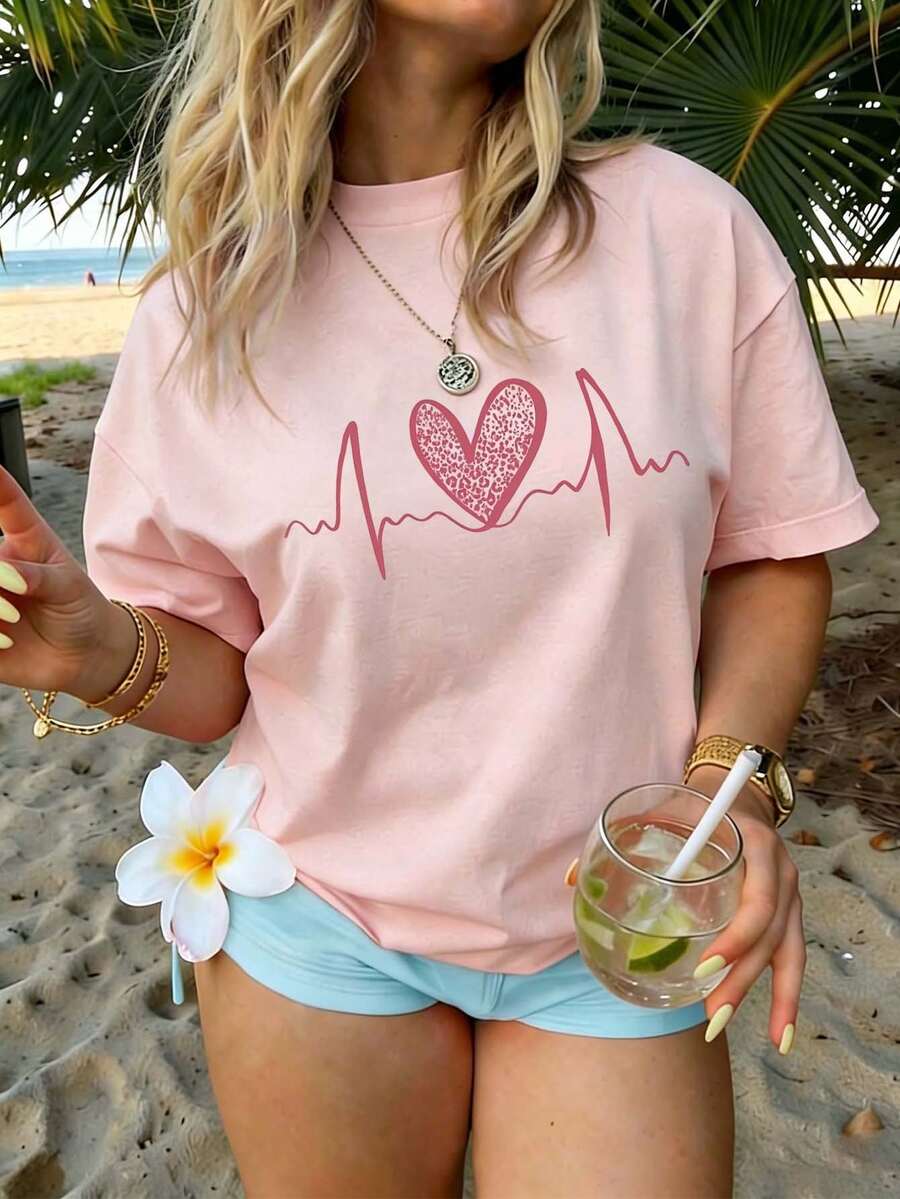 Plus Size Women's Leopard Print Heart EKG Heartbeat Line Graphic Crew Neck Short Sleeve T-Shirt Loose Fit Basic Top Pink Casual Summer - Pink - View 1
