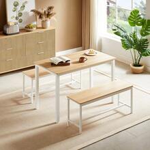 Dining Table Set, Bar Table With 2 Dining Benches, Kitchen Table With Chairs, Industrial Breakfast Table For Kitchen, Living Room, Party Room, In Natural And White Colors. - Natural+White - View 9
