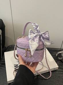 黑色絎縫鏈條小方包，迷你手提化妝包，多功能斜背包附愛心吊飾，通勤手提包 - 紫色 - 查看 3