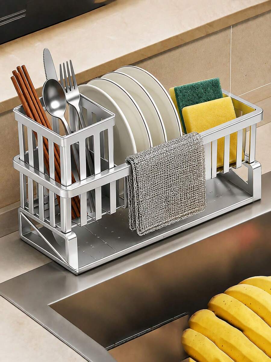 2pcs Kitchen Sink Drain Storage Rack + Kitchen Cleaning Cloth Set, Rustproof Sink Caddy With Drain Tray, Sponge Holder, Utensil Organizer, Countertop Dish Drying Rack, Space Saving Counter Kitchen Organaiser Kitchen Accessories Kitchen Essentials