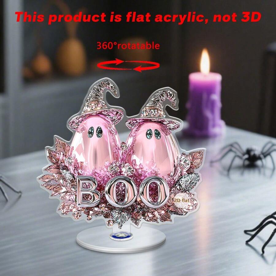 1pc Rotating Acrylic Ghost Desktop Ornament, 360° Rotating Base, For Home Office, Party Table Decor, Halloween Decoration, 2D - Ghost Rotating Ornament - View 1