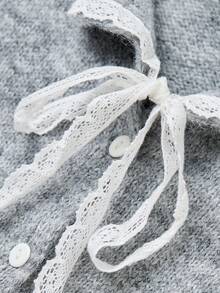 Women's Lace Trim Bow Button Cardigan Knit Sweater, Fuzzy Long Sleeve Sweater Jacket, Suitable For Autumn/Winter Thanksgiving/Christmas - Grey - View 10