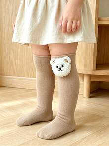 3/1 Pair Cute Panda Decor Solid Color Mid-Calf Socks For Baby Girls, All-Season Versatile Long Socks For Daily Wear - Multicolor - View 8