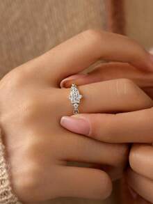 BALMORA 1 pieza Anillo mini de plata de ley S925 vintage de lujo elegante de moda con circonita de copo de nieve chapado en oro, regalo de joyería para mujer para uso diario y fiestas - Plateado - Ver 6