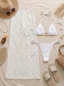 Premium Water Ripple Print Bikini Set, Fashionable Slit Maxi Dress Beach Vacation 3 PiecesSwimwear - White - View 3