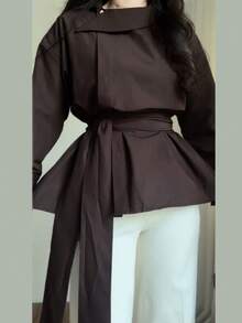 Women's Elegant British Style Asymmetric Lapel Design Long Sleeve Cinched Waist Waist Blouse, Solid Color Belt Front Button Closure, Vintage Versatile Commute Office Daily Date - Brown - View 8