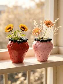 1Pc Creative Strawberry Resin Vase - Fruit Shape Flower Vase For Living Room & Desk, Cute Home Decor | Home Decor, Room Decor, Boho Decor, Desk Decor, Cute Collectible, Unique Gift - New Arrival - Strawberry Combo - View 5