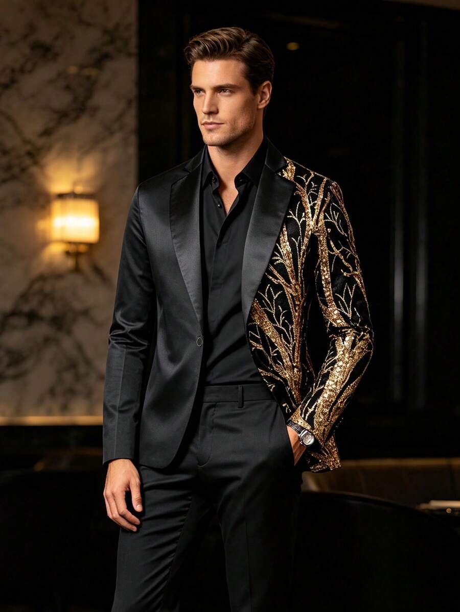 Jaket Jas Pria Berhiaskan Payet dan Sulur, Pakaian Formal untuk Perjamuan, Pertunjukan, Pesta Klub Malam, Blazer Tuxedo - Emas - View 1
