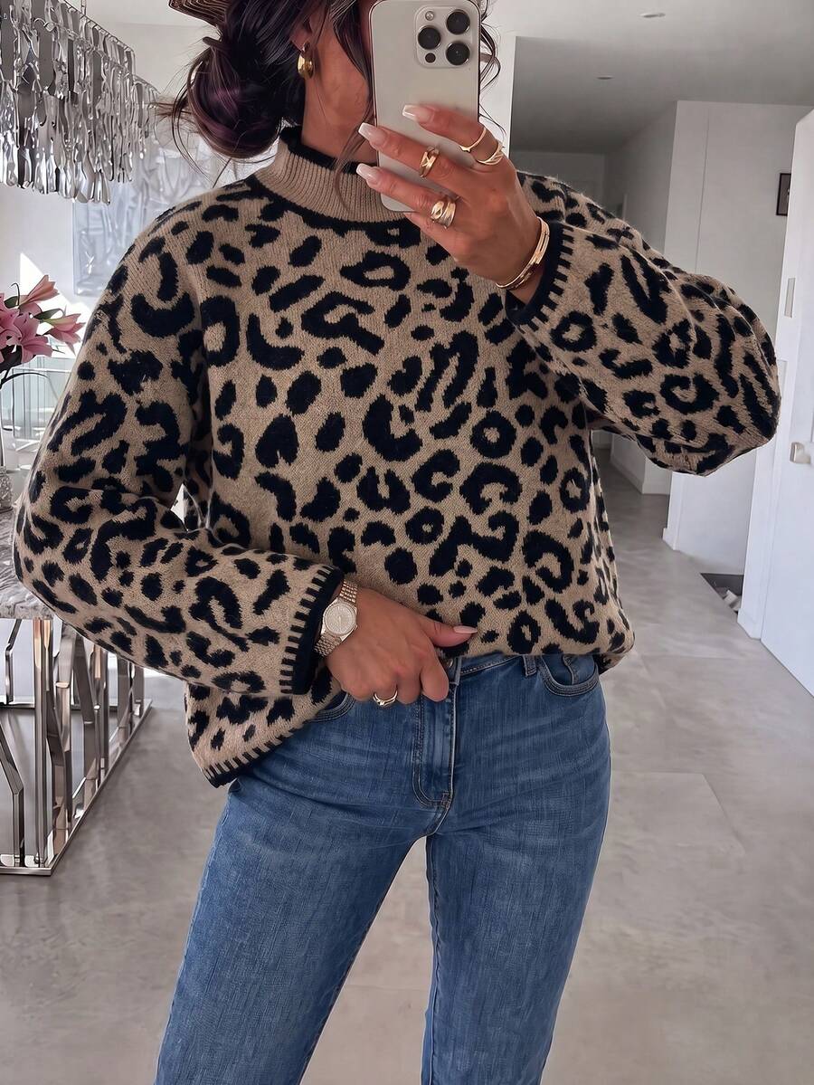 Plus Size Leopard Print Fashion Vintage Long Sleeve Knit Top - Multicolor - View 1