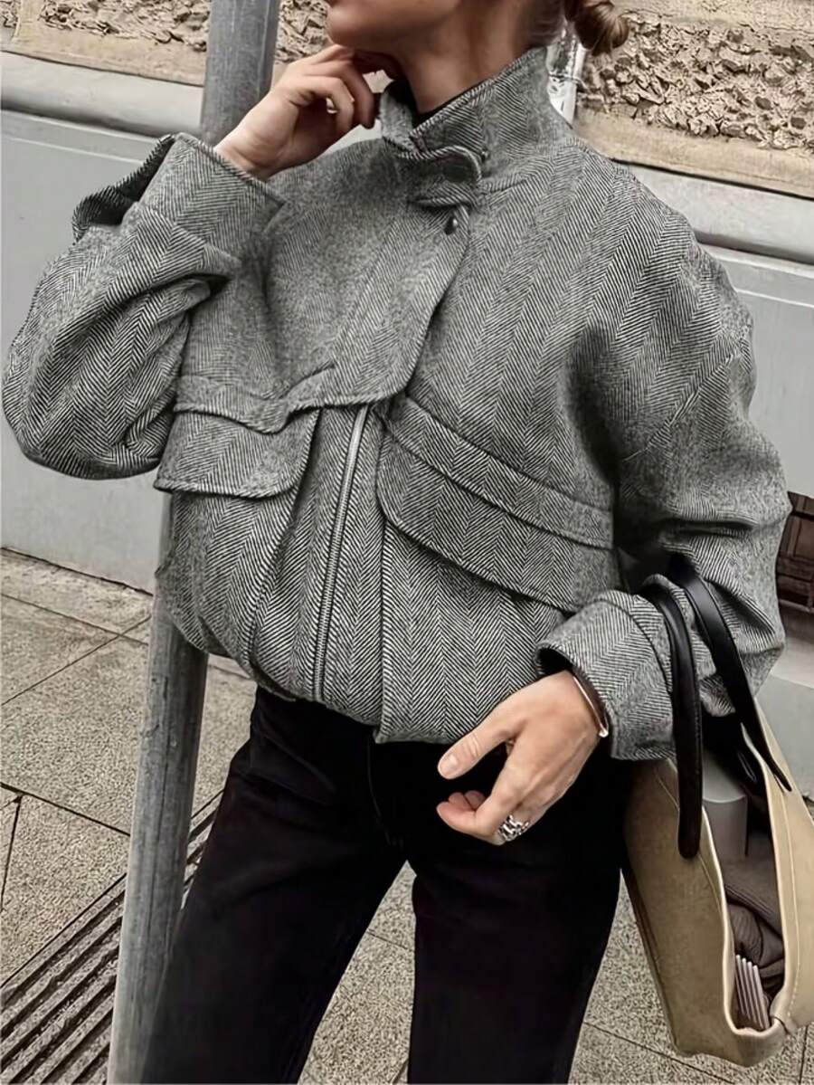 Women's Autumn/Winter Fashion Herringbone Pattern Jacket - Grey - View 1