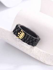 1pc Fashion Minimalist Multi-Color Crown Stainless Steel Ring, Durable & Fade-Resistant, Suitable For Daily Wear, Hot-Selling Jewelry, Luxury Style, Versatile Design - Black - View 1