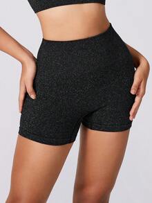 Women's Fashion Silver Thread Embellished Butt-Lifting Sports Shorts With Subtle Glitter, Pilates Black - Black - View 7