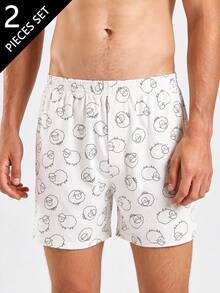 Norcotton 2pcs Animal Print Allover Elastic Waist Loose Casual Home Lounge Shorts Faux Fly Couple Pajama Pants - White - View 1