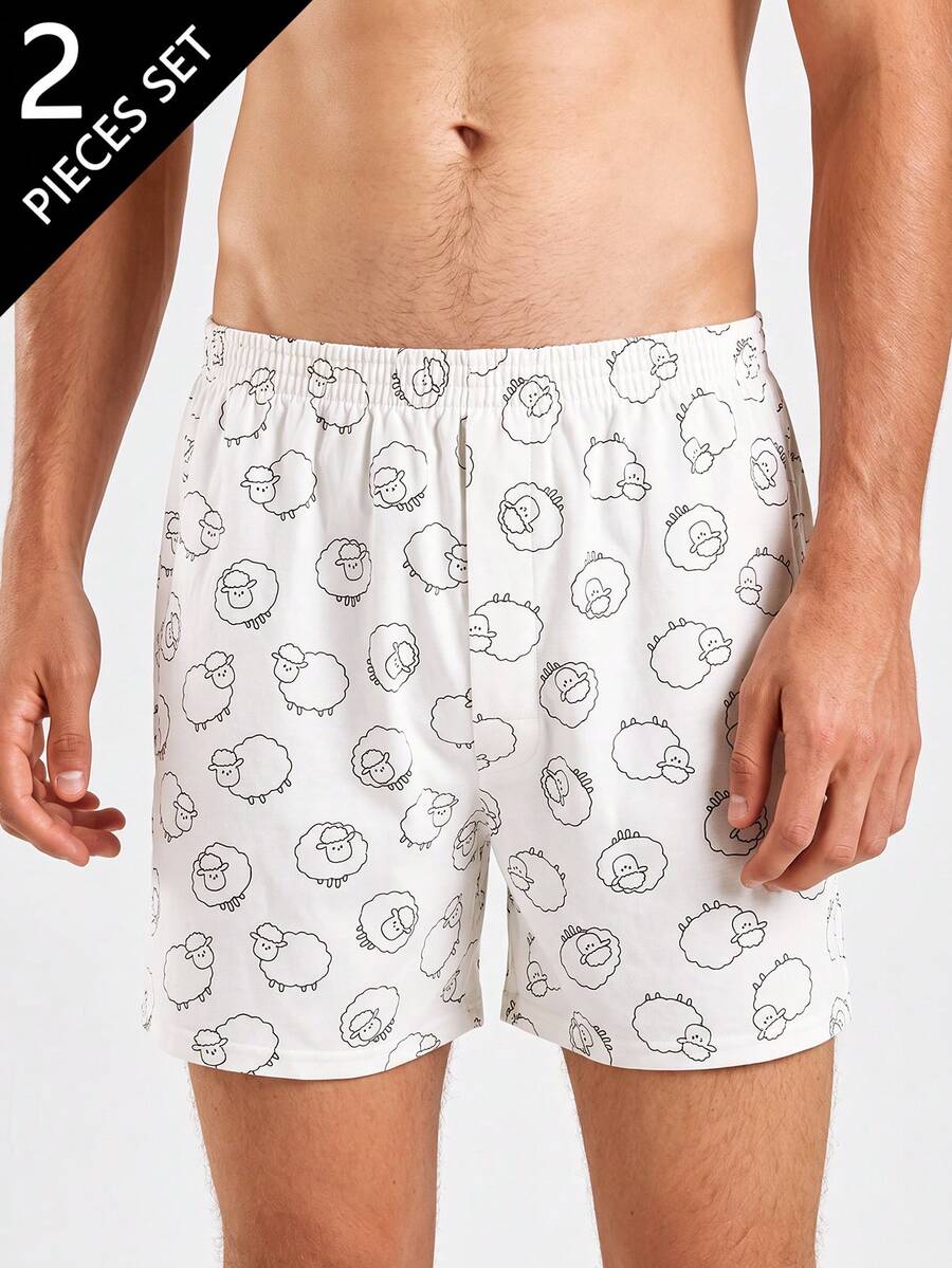 Norcotton 2pcs Animal Print Allover Elastic Waist Loose Casual Home Lounge Shorts Faux Fly Couple Pajama Pants - White - View 1