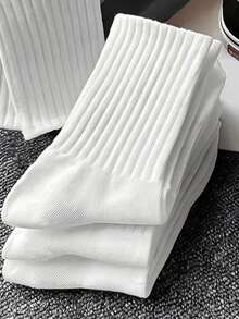 1/3/5/8/10/15/20 Pairs Solid Color Casual Couple Sports Yoga Ribbed Mid-Calf Socks, All Season, Autumn - White - View 2