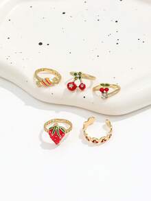 5PCS Vintage Gold-Tone Faux Enamel Strawberry Rings, Cute Fruit Element Cherry Strawberry Rhinestone Drip Glaze Ring Set For Women - Gold - View 5