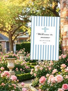 Soft Light Blue Vertical Stripe Retro Carved Cross Baby Boy Baptism Religious Ceremony Custom Garden Flags Personalized DIY Customized New Flags Outdoor Front Lawn Yard Hanging Welcome Banner For Newborn Faith Family Backyard Sacrament Decor Supply - Multicolor - View 6