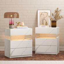Juego de 2 mesas de noche, mesa de noche LED con 3 cajones, mesa lateral moderna para dormitorio, sala de estar - blanco gris - Ver 1