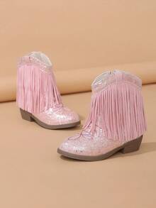 NILOSH Girls' Shiny Pink Tassel Embroidered Western Boots, Side Zipper, Round Toe Low Chunky Heel - Pink - View 5