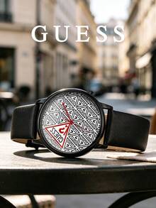 Guess Unisex Quartz Analog Wristwatch Black Leather Strap Geometric Monogram Pattern Dial Graphic Details For Business Casual And Sophisticated Daily Style - Black - View 6