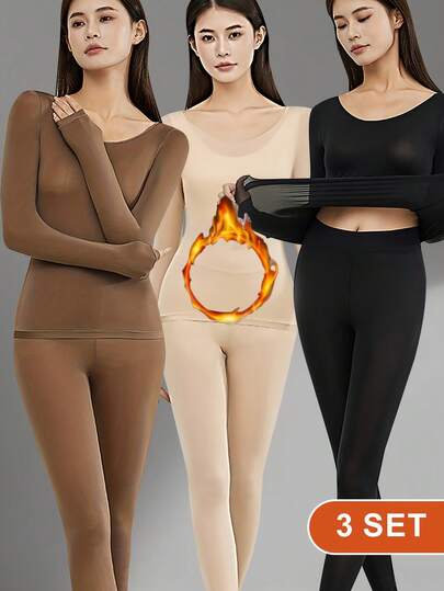A Three-Piece Set Of Women's Thermal Underwear, Including A Top And Pants. It Features A Slimming, Close-Fitting Design With Excellent Elasticity And Good Resilience, Offering A Non-Restrictive Fit. The Fabric Is Ultra-Lightweight, As Soft And Comfor