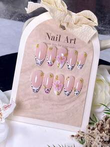 10pcs Handmade Almond Press-On Nails, White Leopard Stripe Design With Pink Pearl Gradient Floral Carving & Gold Bead Charm Accents. Luxury Chic False Nails With Elegant Glam Style. Perfect For Daily Wear, Dates, Concerts, Business Looks & Premium Gi - Multicolor - View 1
