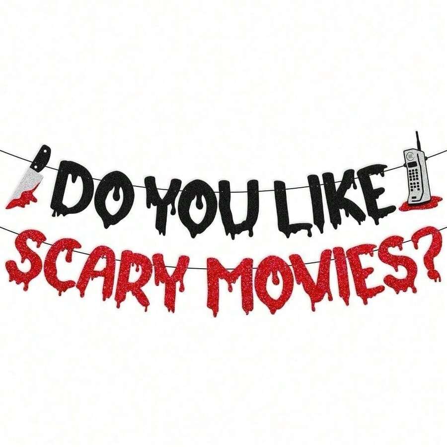 1/2 piezas Guirnalda de gotas de sangre con purpurina, Decoración de Halloween, Guirnalda de letras "¿TE GUSTAN LAS PELÍCULAS DE TERROR?" con recortes de cuchillo y teléfono, Decoración colgante con tema de película de terror, Decoración de dormitorio, Decoración de pared para fiesta de asesinos de Halloween - Multicolor - Ver 1