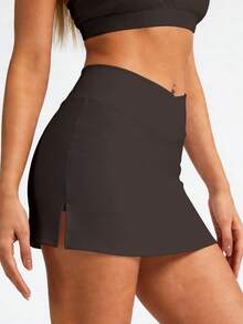 6pecil 2026 Women's Skirt, Criss-Cross Waist, Side Slit, Built-In Shorts, Suitable For Yoga, Pilates, Gym Workout, All Seasons - Coffee Brown - View 5