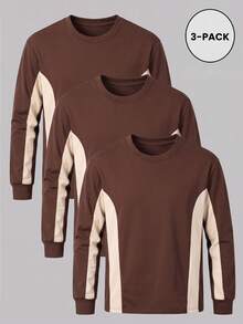3pcs Men's Patchwork Loose Drop Shoulder Crew Neck Long Sleeve T-Shirts - Brown - View 1