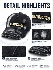 1件中性款做舊水洗牛仔棒球帽，BROOKLYN字母刺繡復古磨損破洞卡車帽，可調節街頭風Y2K遮陽帽 - BROOKLYN牛仔破洞 - 查看 4