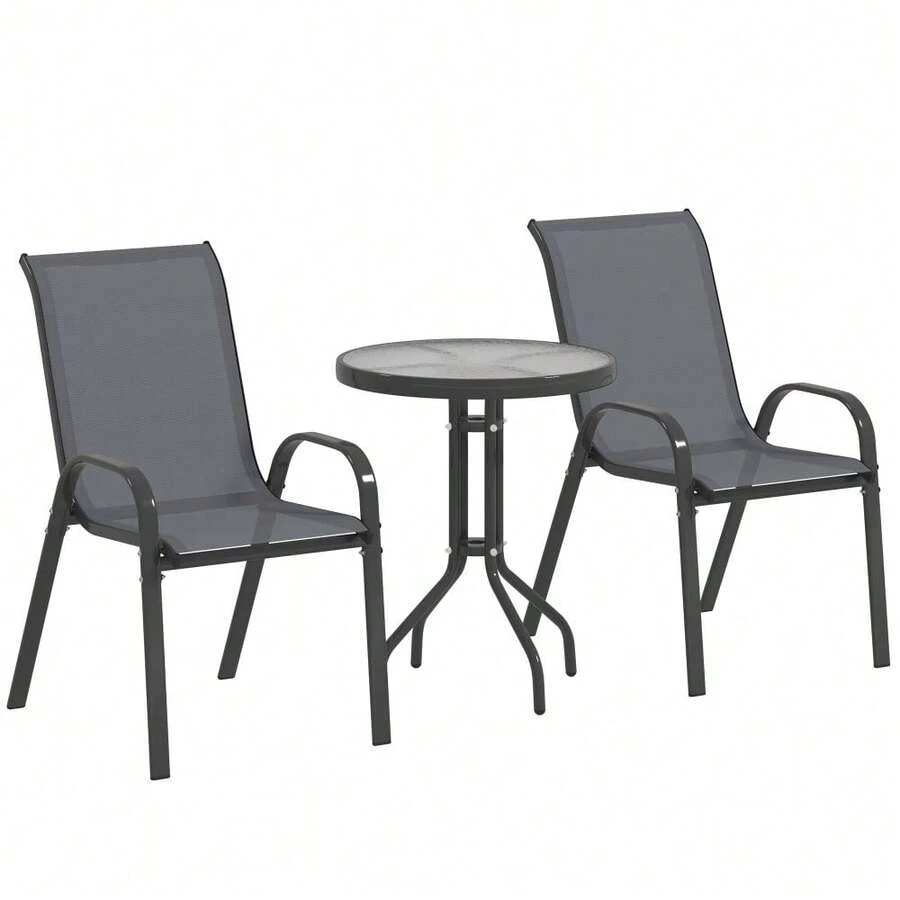 3-Piece Stackable Outdoor Bistro Set – Metal Frame Chairs With High Back Support + Tempered Glass Top Table – Compact Design For Patio, Balcony, Or Small Garden Spaces – Lightweight, Easy To Assemble & Space-Saving Solution - Dark Grey - View 1