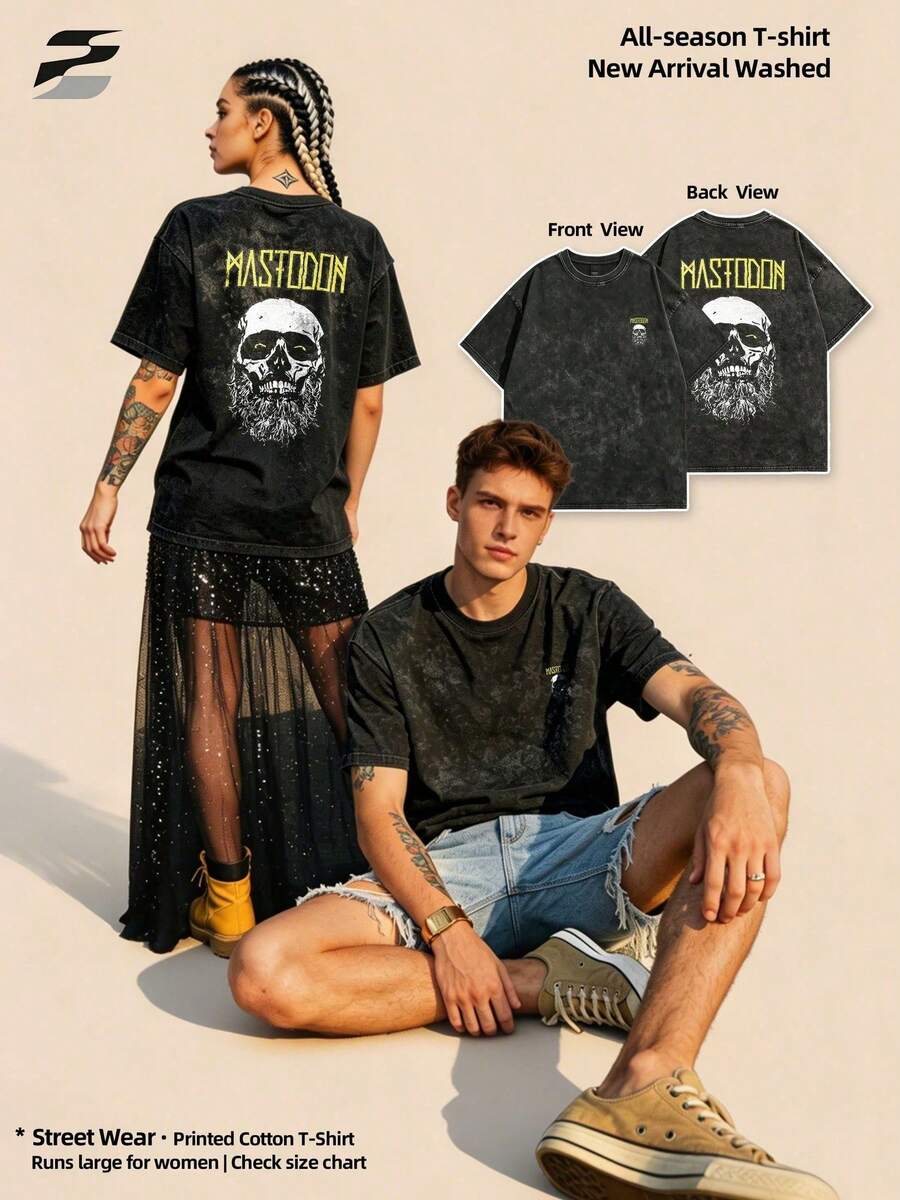 230g gewaschenes, doppelseitig bedrucktes Kurzarm-Shirt, Rundhalsausschnitt, lockerer Schnitt, lässiges T-Shirt, weiches, leichtes, vielseitiges Basic-Oberteil für den Alltag. - Schwarz - Übersicht 1