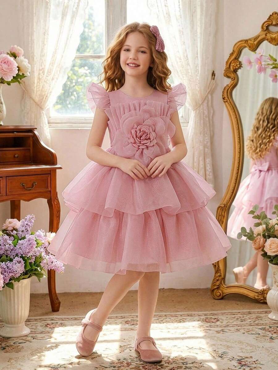 Young Girls Flutter Sleeve 3D Floral Ruched Glitter Tulle Elegant Puff Party Princess Dress, Headband Not Included - Dusty Pink - View 1