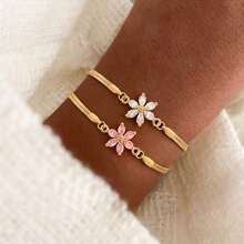 1pc New Fashion Floral Gold Stainless Steel Fishbone Chain Women's Bracelet - Flowers - View 1