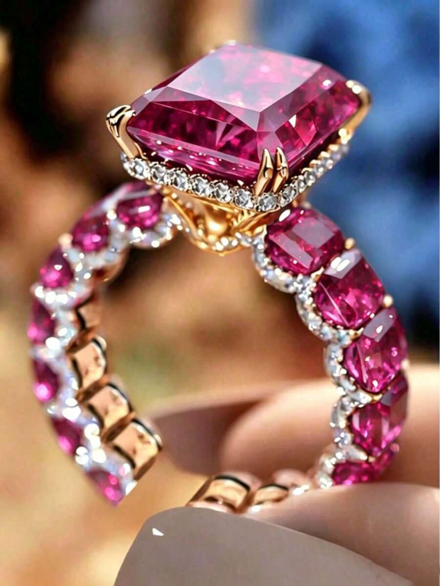 1pc Rose Gold Open Ring With Full Rhinestones And Ruby Gemstone For Women - Hot Pink - View 1