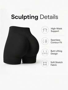 1pc Fashion Women's 3-Section Waist Short Black Tight Leggings, Knitted Fabric, Medium Stretch Summer - Black - View 2