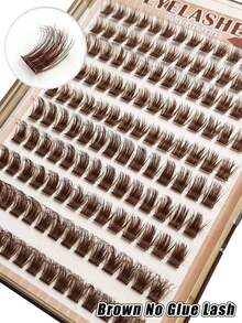 Asiteo 140pcs Glue-Free Fluffy Brown False Eyelashes D Curl Colorful Dense Brown Cat Eye Lashes, Self-Adhesive DIY Eyelash Extensions, Suitable For Home, Travel And Daily Makeup, Suitable For Beginners, Daily Life, Party, Travel, Music Festival - D - View 8