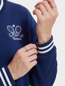 KyrLssu Women Striped Trim V Neck Sweatshirt, Tennis Racket Embroidery Loose Long Sleeve Pullover Top For Daily Outfit Matching - Navy Blue - View 4