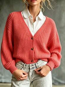 Women's Ruffle Collar Fabric-Covered Button Lantern Sleeve Loose Knit Cardigan – Simple Casual Versatile Fall Winter Daily Wear Sweater - Hot Pink - View 1