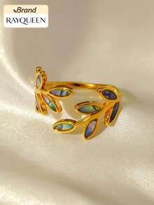 RAYQUEEN 1pc Stainless Steel Colorful Leaf Open Ring For Women, Suitable For Daily Wear - Multicolor - View 6