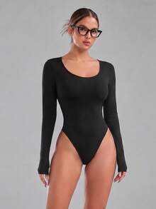 imisic Sexy Long Sleeve Round Neck Hollow Back Design Women's Bodysuit. Essential For Going Out, A Body-Shaping Style. Tight-Fitting Round Neck Long Sleeve Bodysuit, Suitable For Sports, Home And Daily Activities - Black - View 2