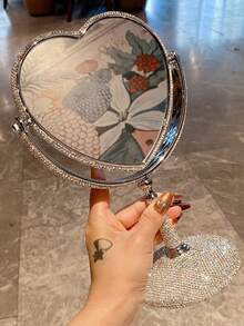1pc High Definition Double-Sided Makeup Mirror, Highly Attractive Sparkling Artificial Rhinestone Decorated, Rotatable Desktop Mirror, Travel Portable Detachable Touch-Up Mirror, Gift - Silver - View 3