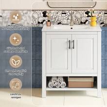 76.5 X 47 X 83, Freestanding Vanity, Fully Painted, Double-Door Cabinet, Multi-Size Storage, Integrated Ceramic Sink, Open Shelving, White. - 1 - View 8