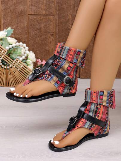 2026 Summer New Folded Strap Women's Sandals, Flat Toe-Post Roman Shoes, Soft Sole Comfortable Casual Shoes, Daily Versatile, Vacation Beach Style, Side Zipper Design, Open Toe