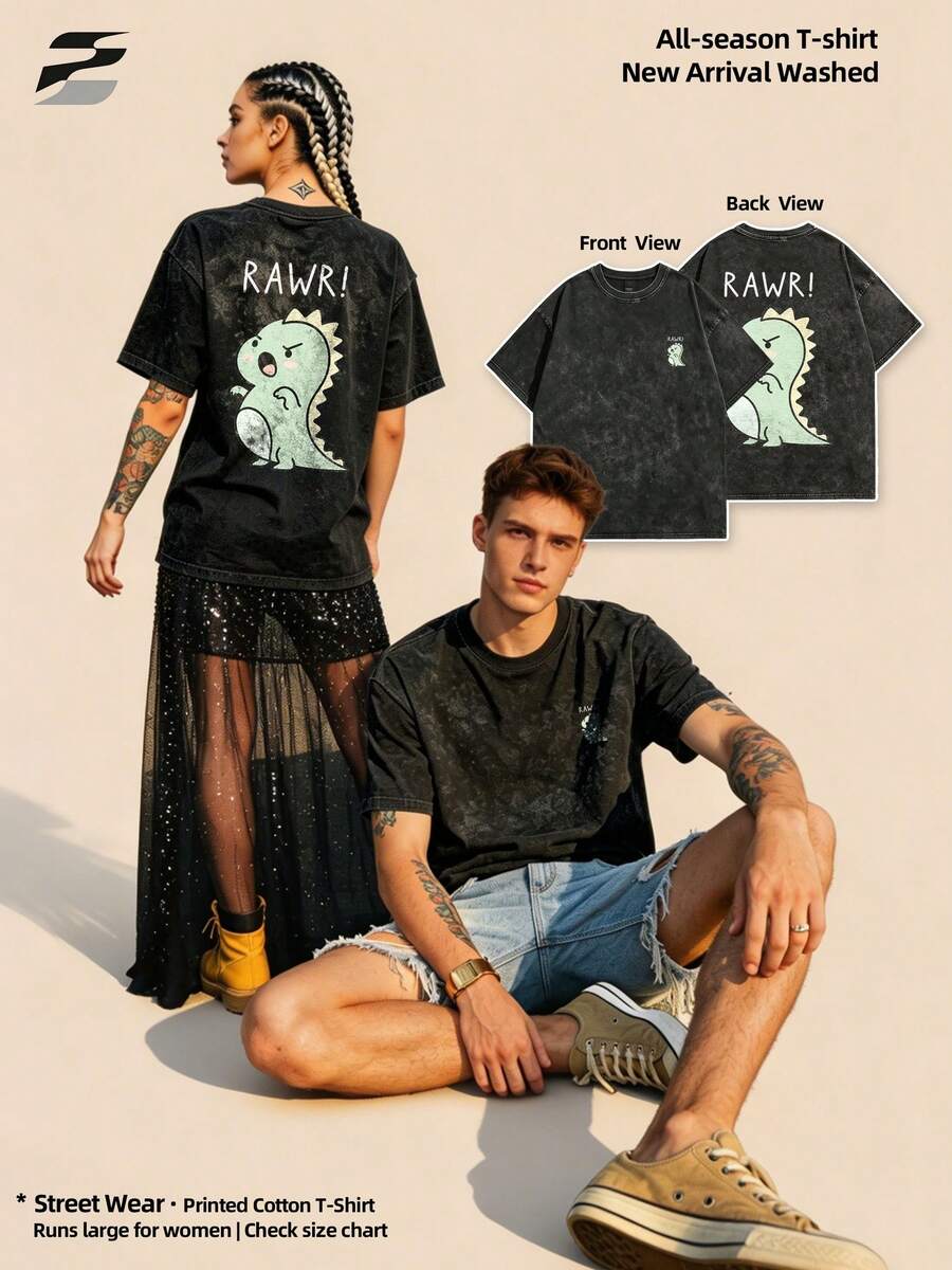 Maglietta casual a maniche corte da 230g, lavata, con stampa su entrambi i lati, collo rotondo, vestibilità rilassata, morbida, leggera, versatile, top basic per uso quotidiano. - nero - Visualizzare 1